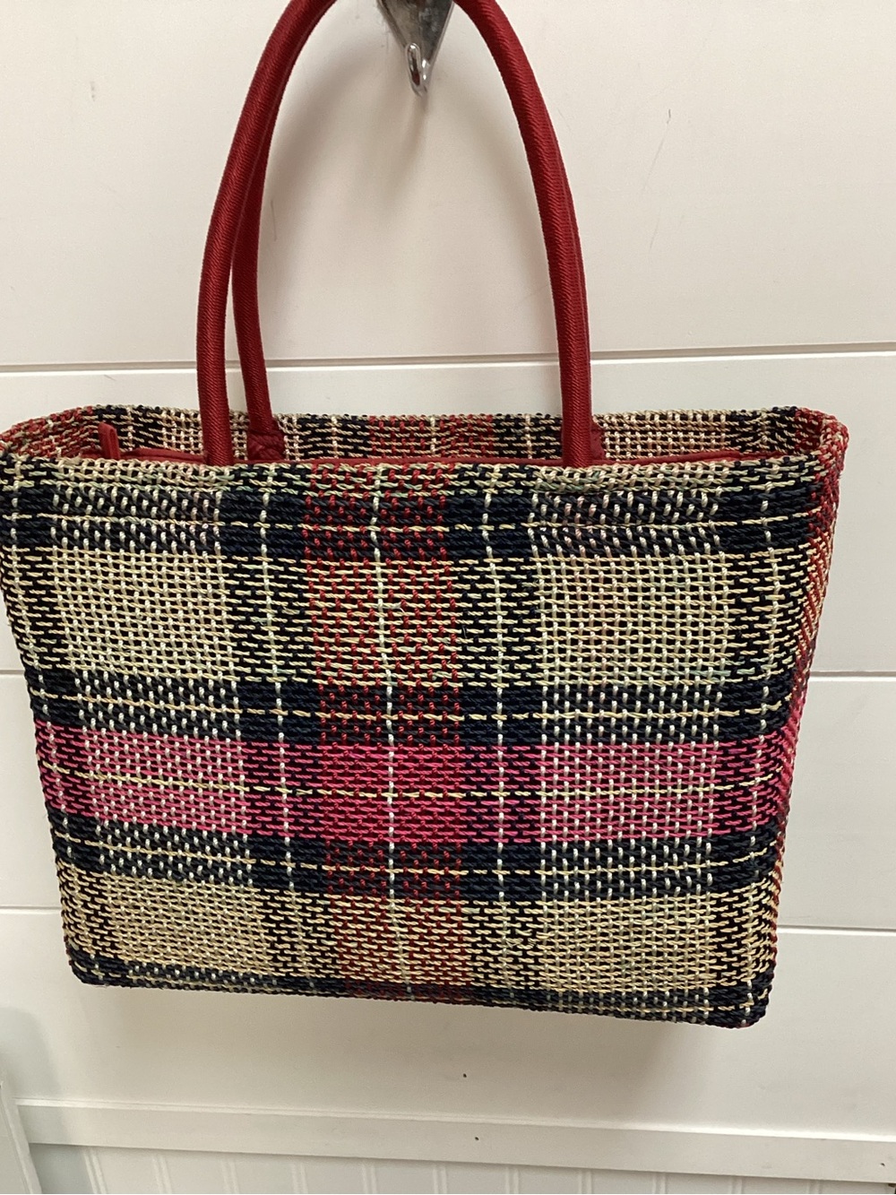 The Sak Woven Plaid Straw Tote Bag Red Black Tan Shoulder Handbag